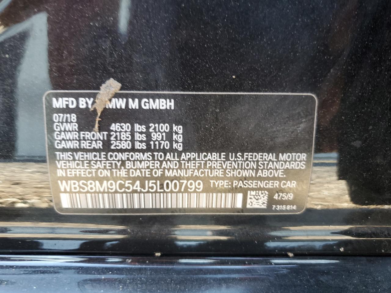 2018 BMW M3 VIN: WBS8M9C54J5L00799 Lot: 69659735