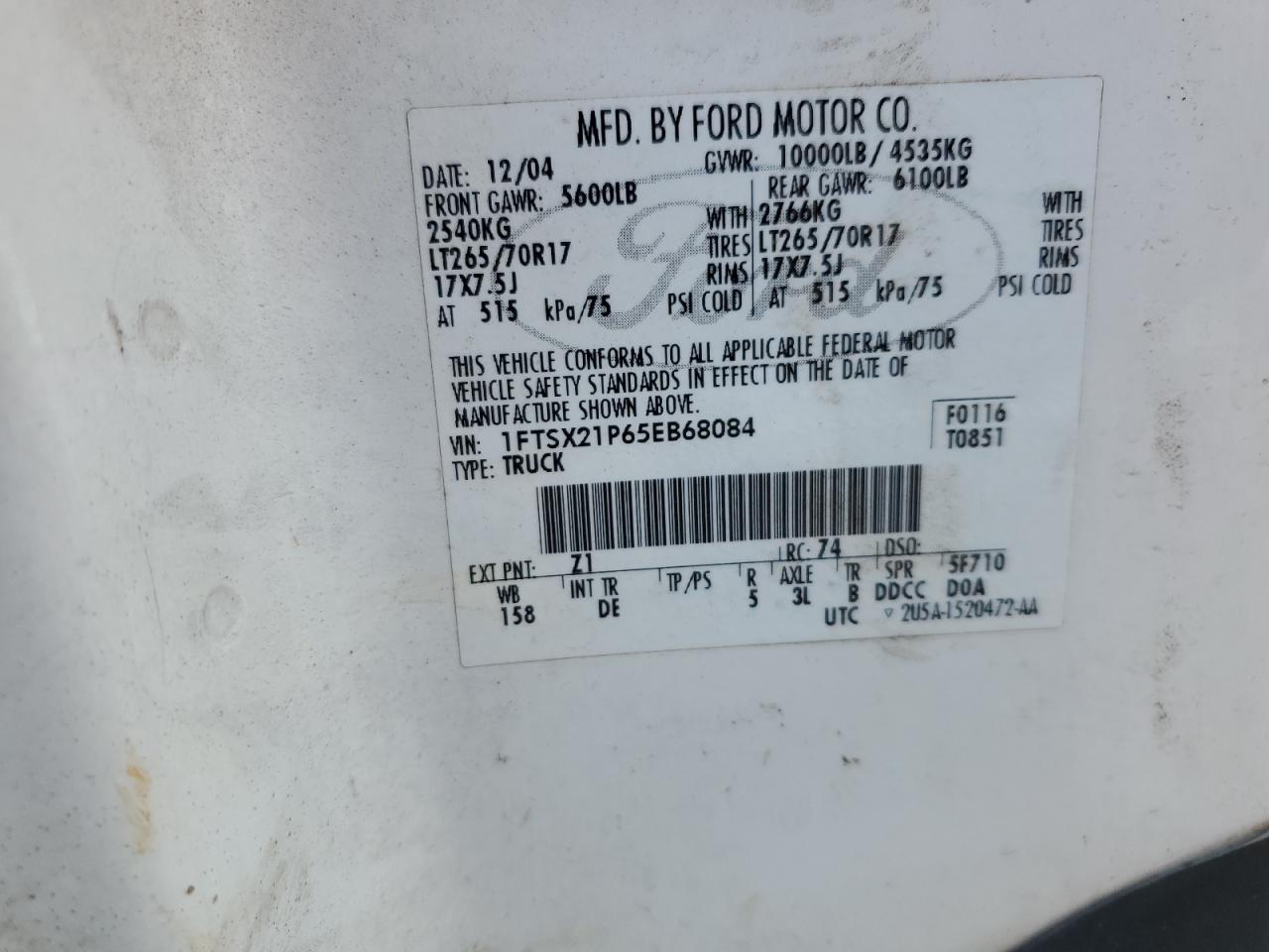 2005 Ford F250 Super Duty VIN: 1FTSX21P65EB68084 Lot: 68288595