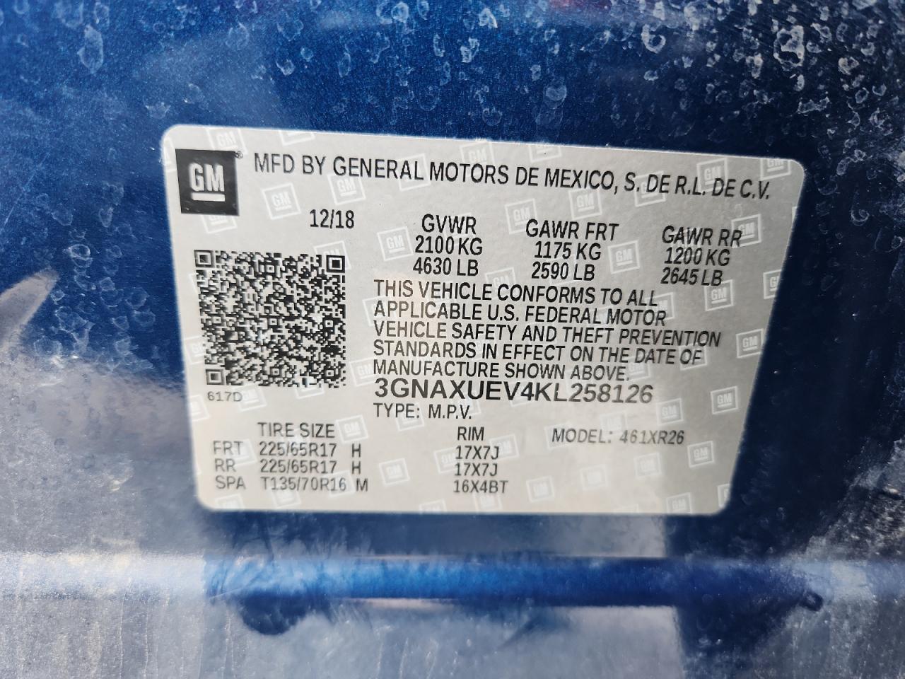 2019 Chevrolet Equinox Lt VIN: 3GNAXUEV4KL258126 Lot: 70490195
