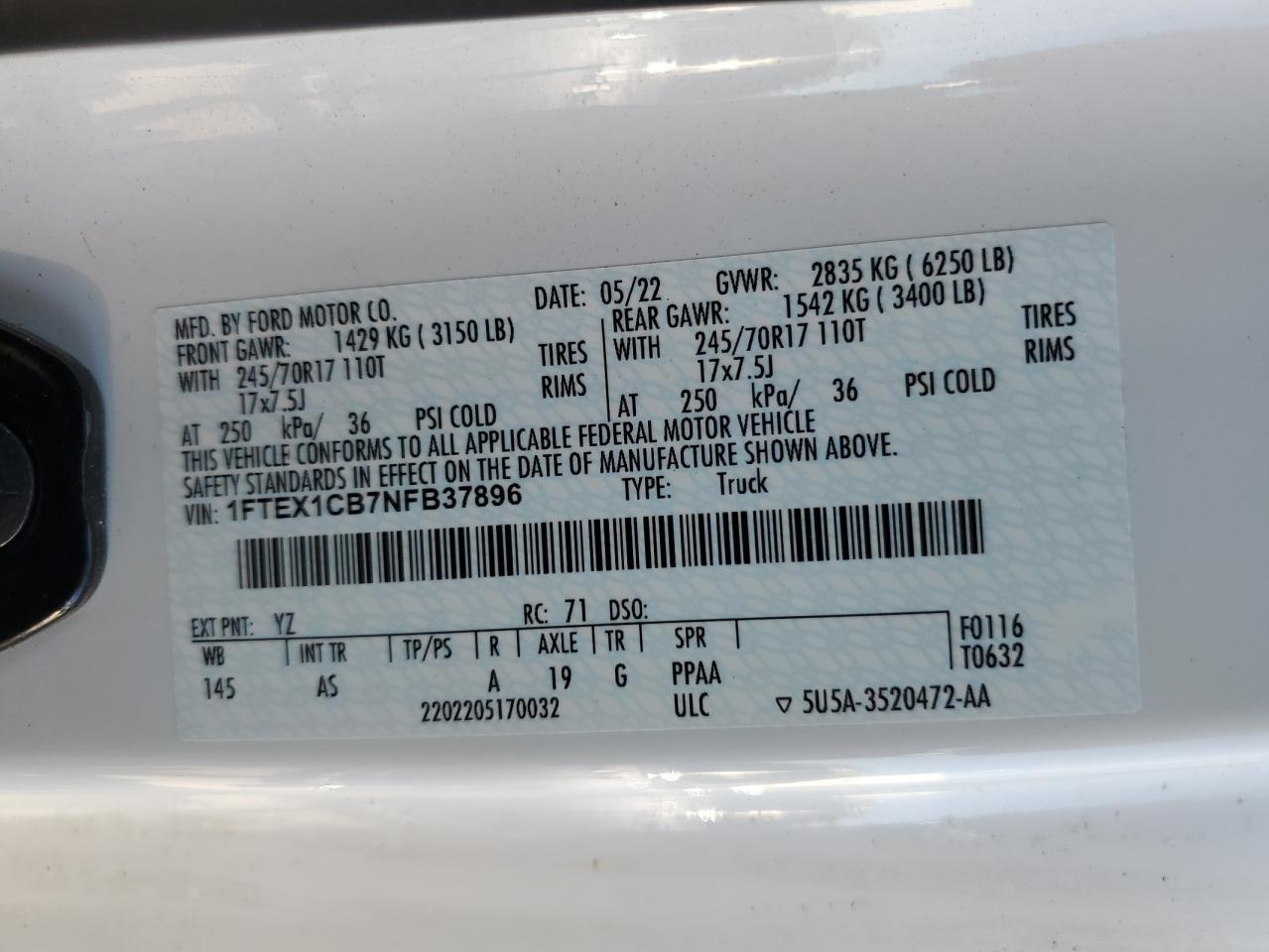 2022 Ford F150 Super Cab VIN: 1FTEX1CB7NFB37896 Lot: 69398195