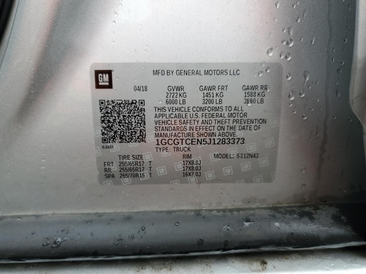 2018 Chevrolet Colorado Lt VIN: 1GCGTCEN5J1283373 Lot: 68630905