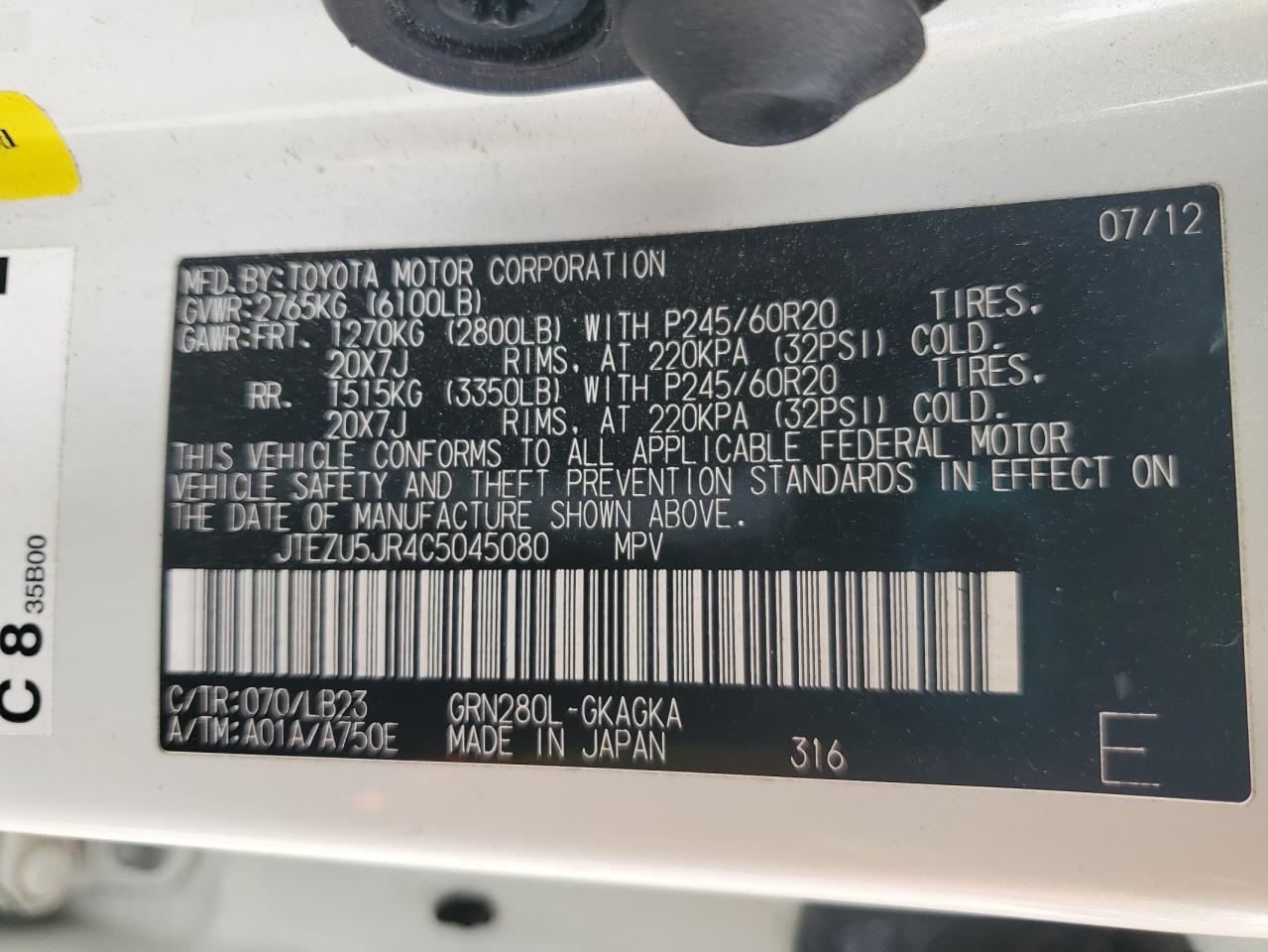 2012 Toyota 4Runner Sr5 VIN: JTEZU5JR4C5045080 Lot: 67747335