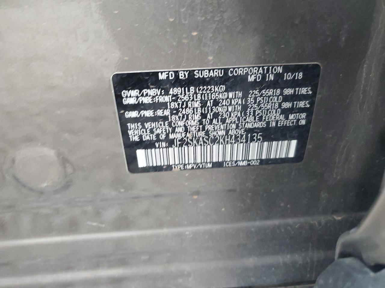 2019 Subaru Forester Limited VIN: JF2SKASC2KH434135 Lot: 68442215