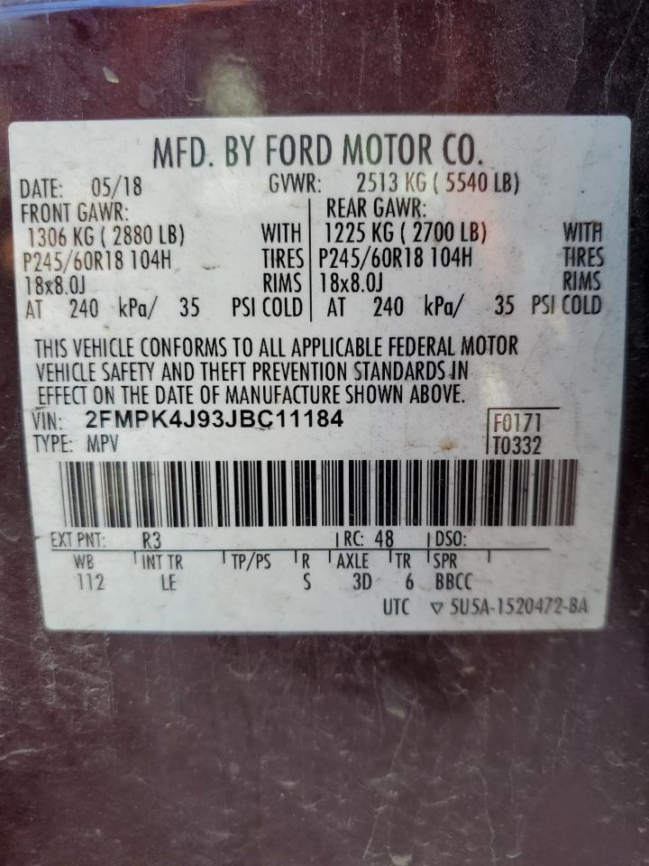 2018 Ford Edge Sel VIN: 2FMPK4J93JBC11184 Lot: 69970905