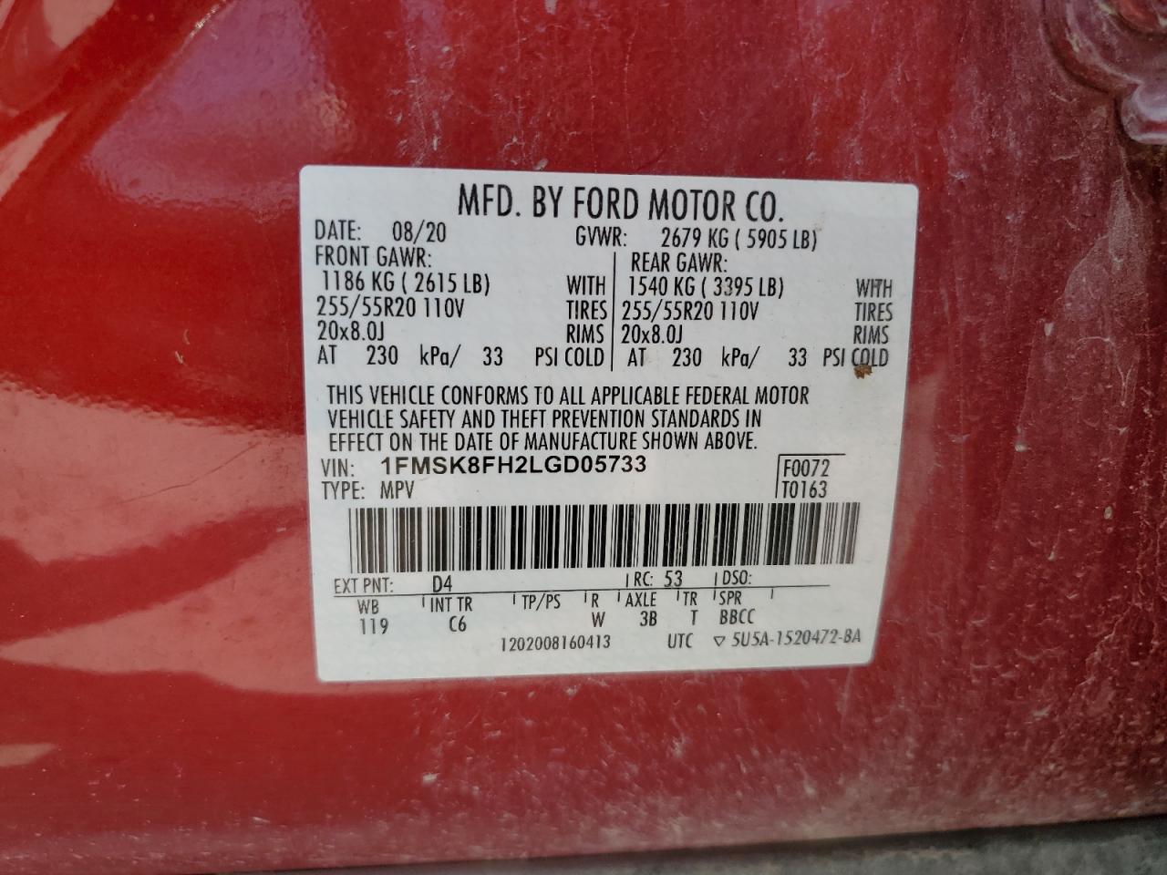 2020 Ford Explorer Limited VIN: 1FMSK8FH2LGD05733 Lot: 66178715