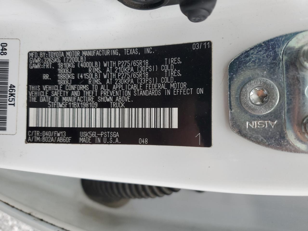 2011 Toyota Tundra Crewmax Sr5 VIN: 5TFDW5F11BX198109 Lot: 69554525