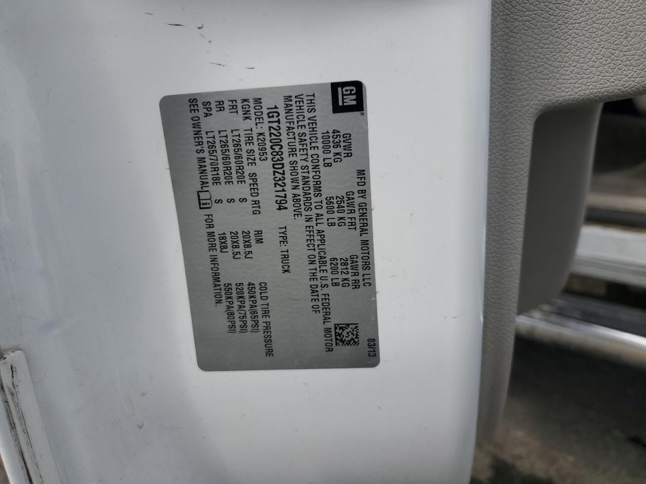 2013 GMC Sierra K2500 Sle VIN: 1GT220C83DZ321794 Lot: 70028545