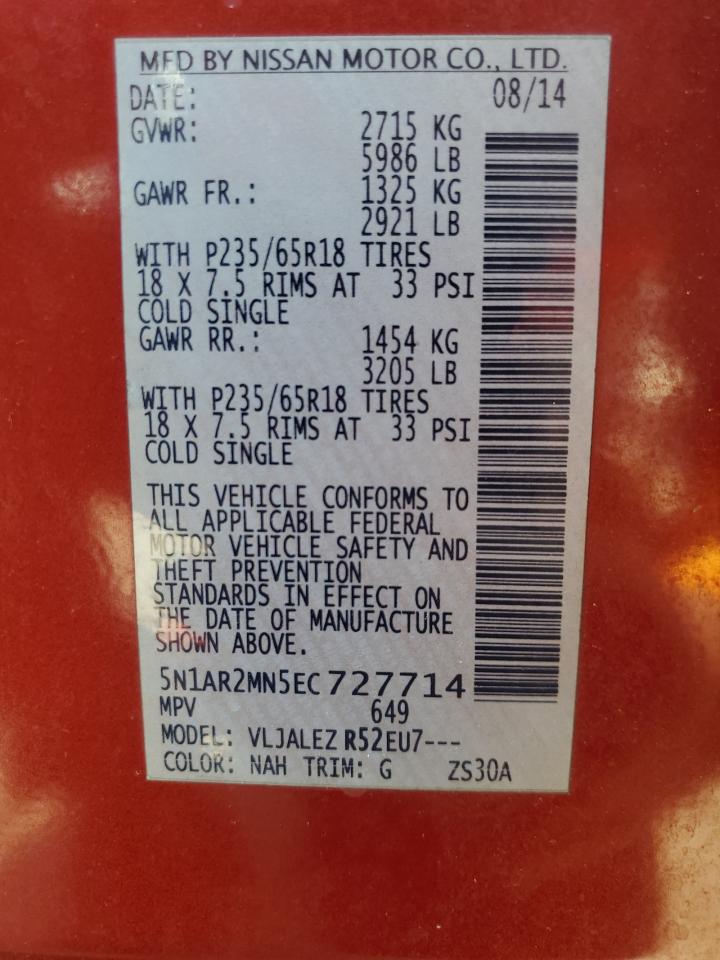 2014 Nissan Pathfinder S VIN: 5N1AR2MN5EC727714 Lot: 64587265