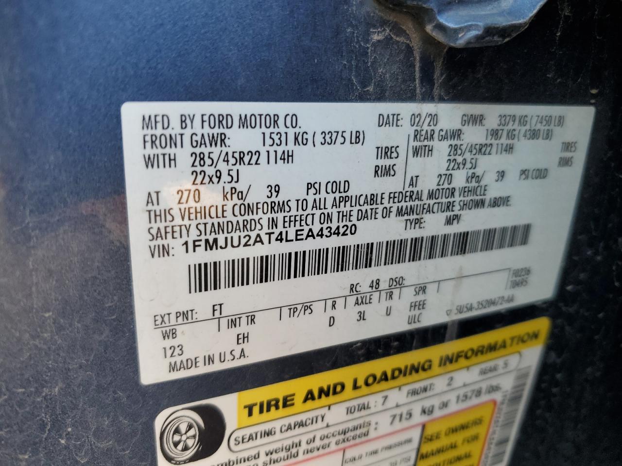 2020 Ford Expedition Limited VIN: 1FMJU2AT4LEA43420 Lot: 68287315