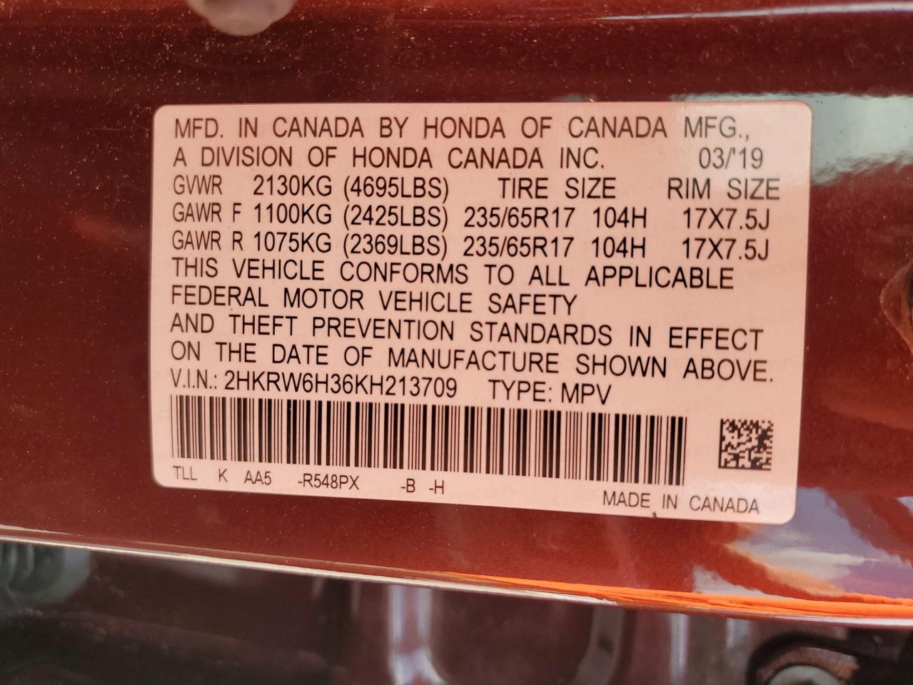 2019 Honda Cr-V Lx VIN: 2HKRW6H36KH213709 Lot: 69592945