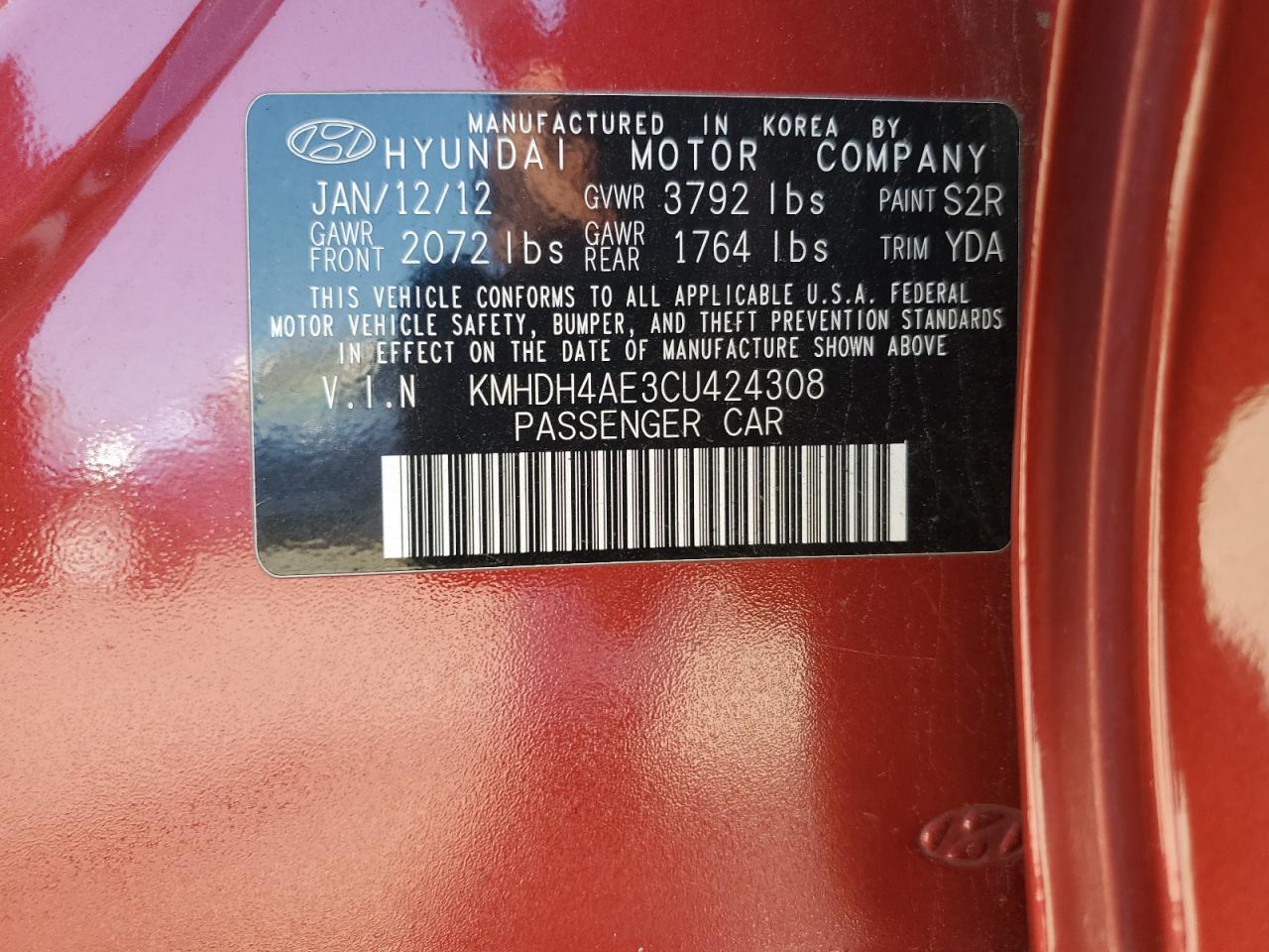 2012 Hyundai Elantra Gls VIN: KMHDH4AE3CU424308 Lot: 70095525