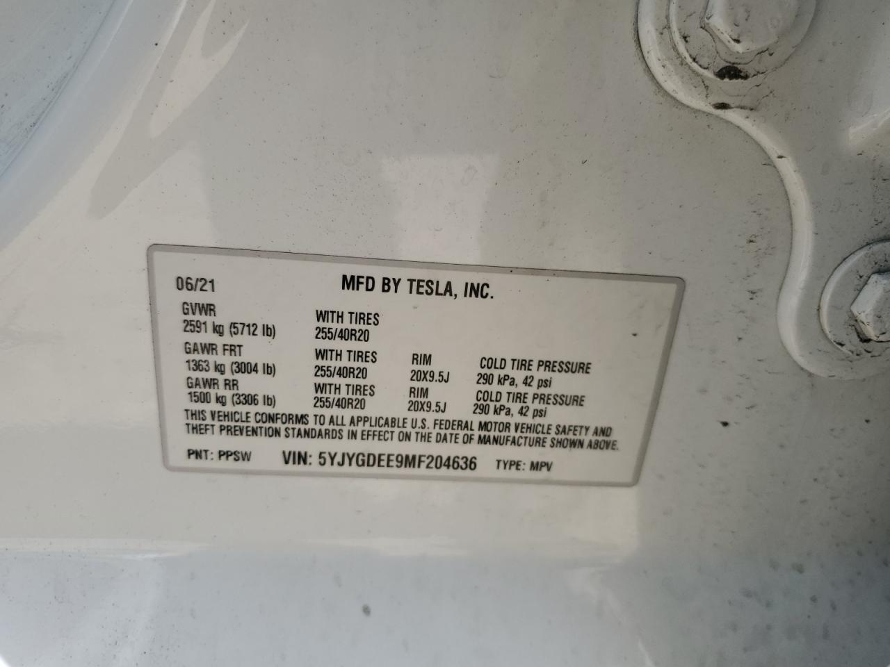 2021 Tesla Model Y VIN: 5YJYGDEE9MF204636 Lot: 67062635