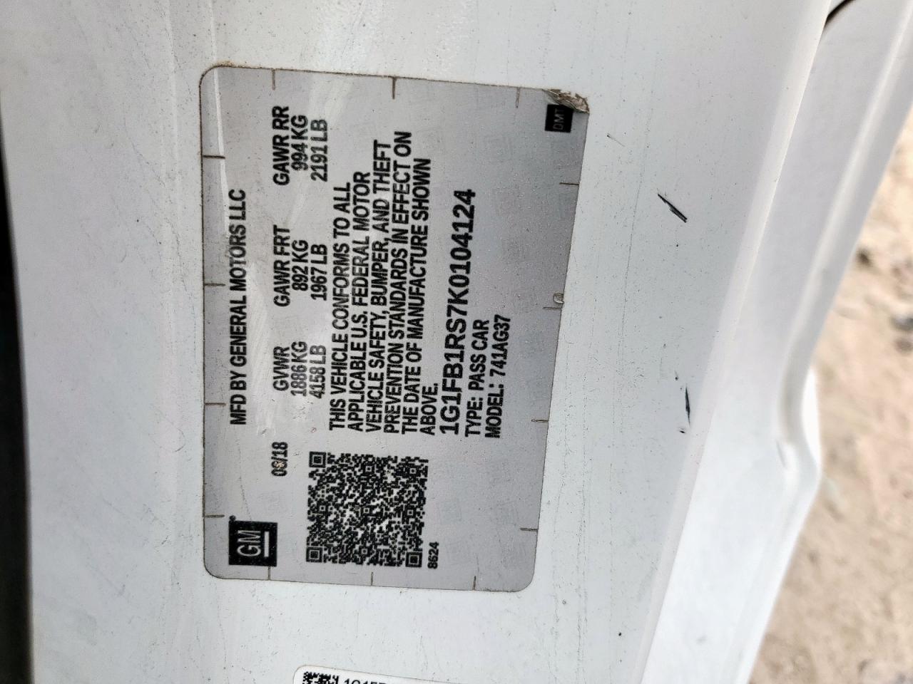 2019 Chevrolet Camaro Ls VIN: 1G1FB1RS7K0104124 Lot: 69611385