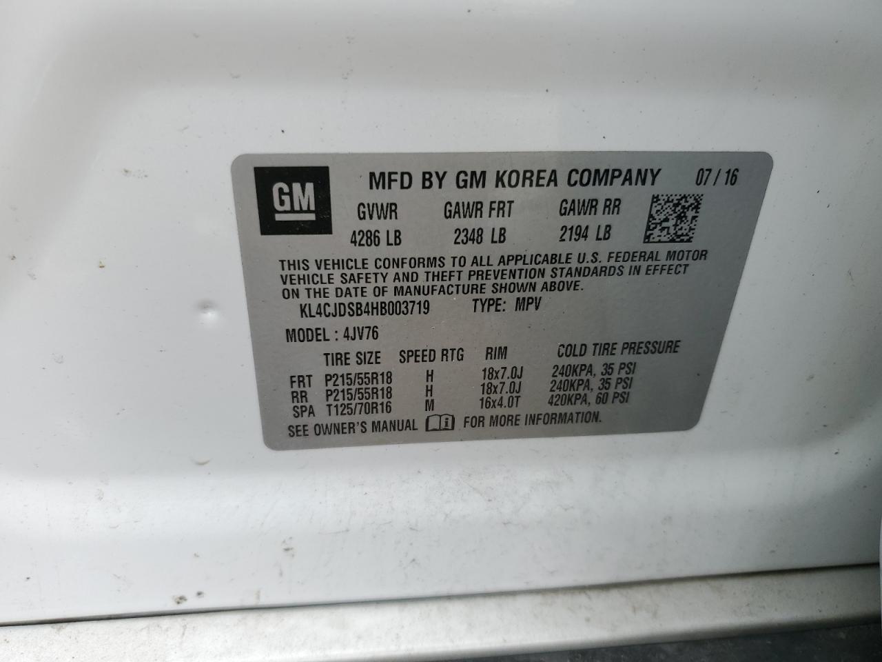 2017 Buick Encore Premium VIN: KL4CJDSB4HB003719 Lot: 67534035