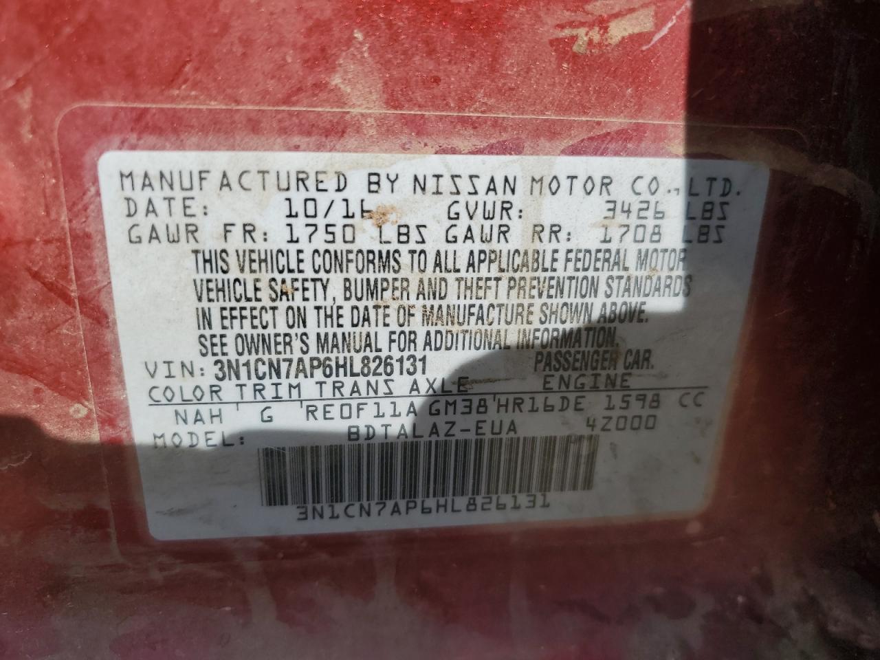 2017 Nissan Versa S VIN: 3N1CN7AP6HL826131 Lot: 68212855