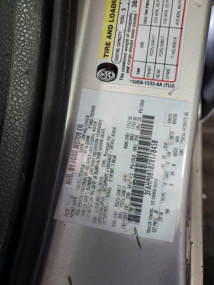 2007 Ford Fusion Sel VIN: 3FAHP08187R178458 Lot: 70447305
