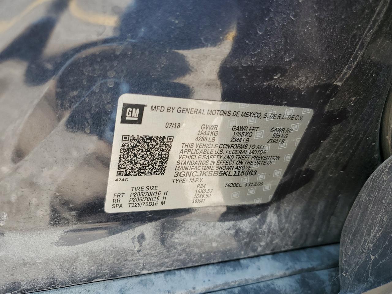 2019 Chevrolet Trax Ls VIN: 3GNCJKSB5KL115663 Lot: 67914755