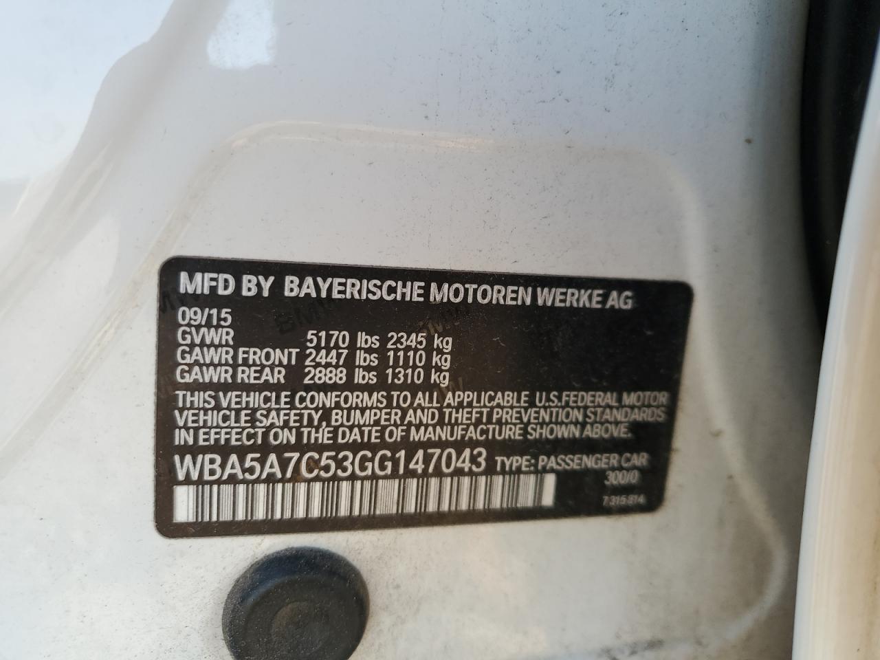 2016 BMW 528 Xi VIN: WBA5A7C53GG147043 Lot: 69502325