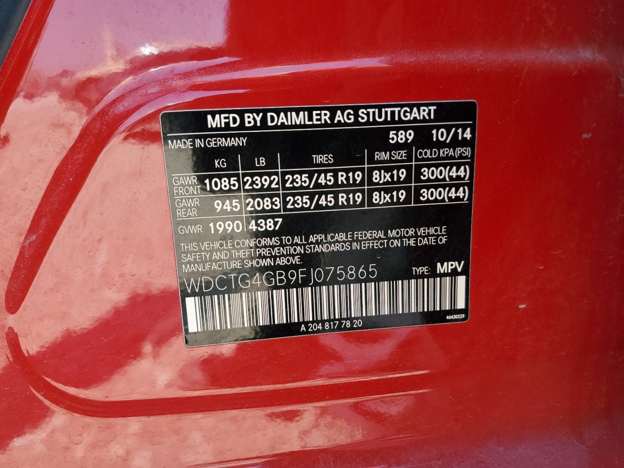 2015 Mercedes-Benz Gla 250 4Matic VIN: WDCTG4GB9FJ075865 Lot: 66583535