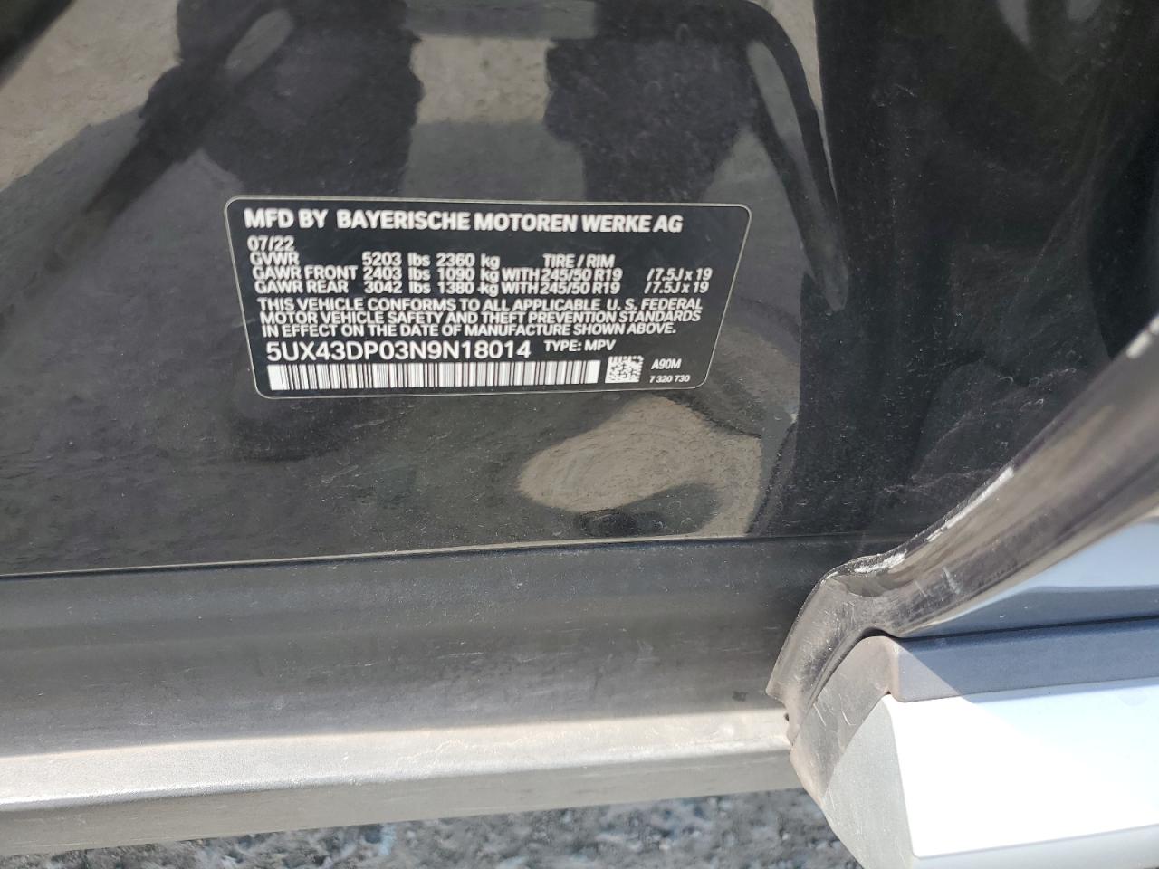 2022 BMW X3 Sdrive30I VIN: 5UX43DP03N9N18014 Lot: 70087195