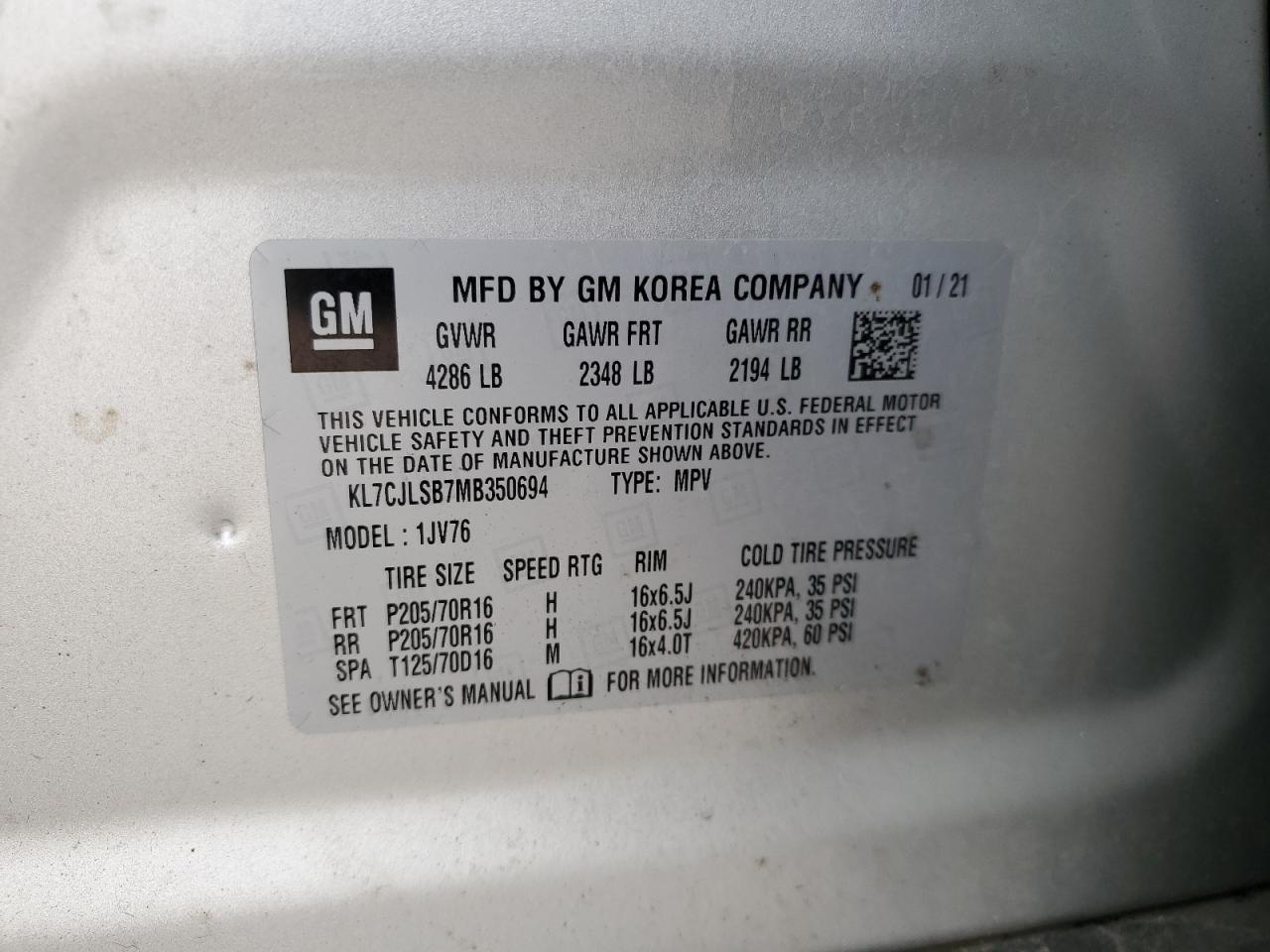 2021 Chevrolet Trax 1Lt VIN: KL7CJLSB7MB350694 Lot: 69040935