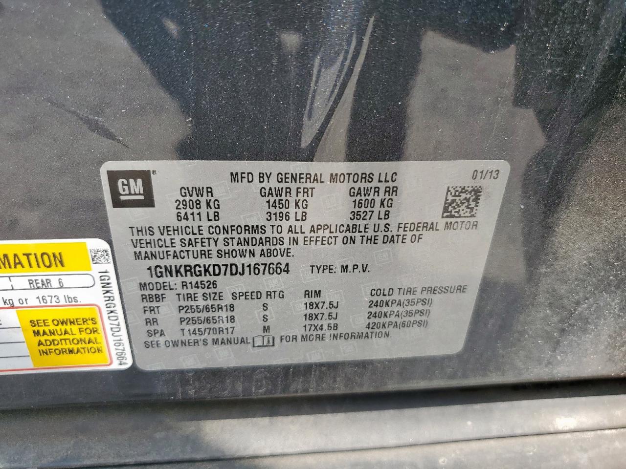 2013 Chevrolet Traverse Lt VIN: 1GNKRGKD7DJ167664 Lot: 69308405