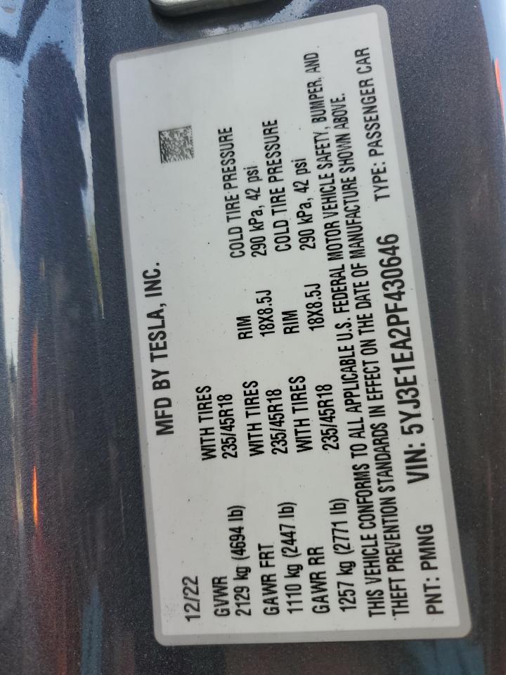 2023 Tesla Model 3 VIN: 5YJ3E1EA2PF430646 Lot: 68664015