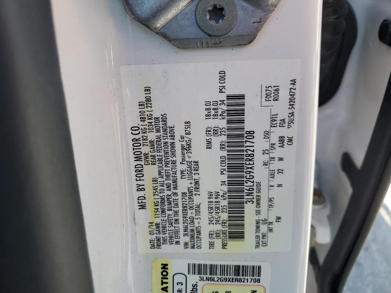 2014 Lincoln Mkz VIN: 3LN6L2G9XER821708 Lot: 68475705