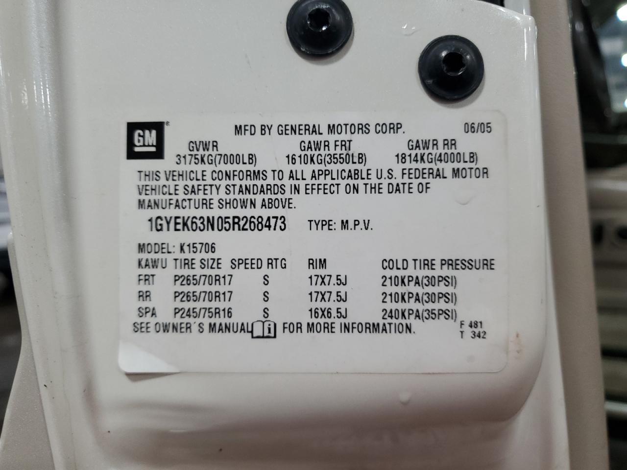 2005 Cadillac Escalade Luxury VIN: 1GYEK63N05R268473 Lot: 70662375