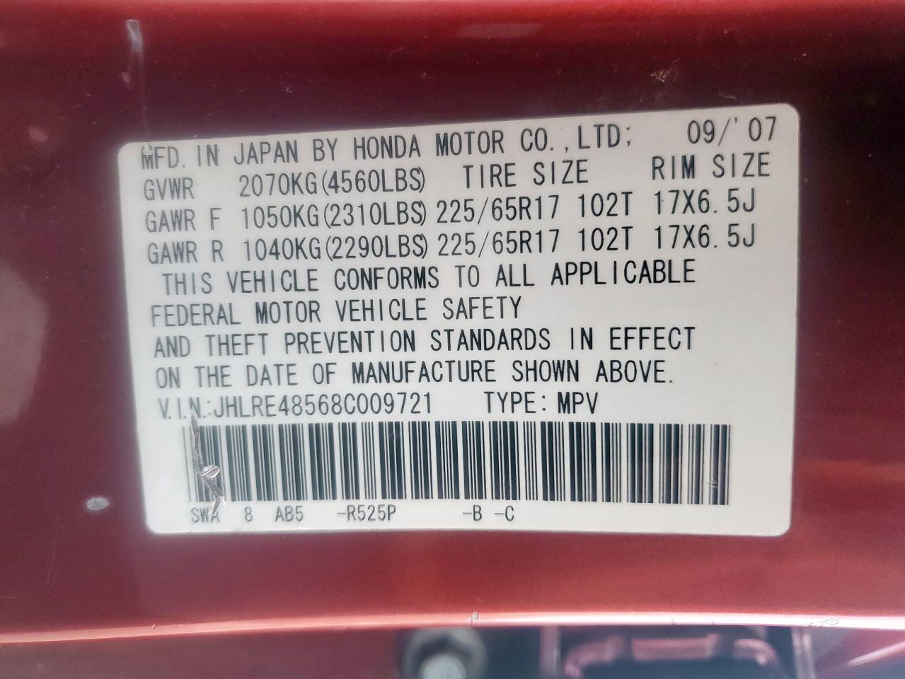 2008 Honda Cr-V Ex VIN: JHLRE48568C009721 Lot: 70138555