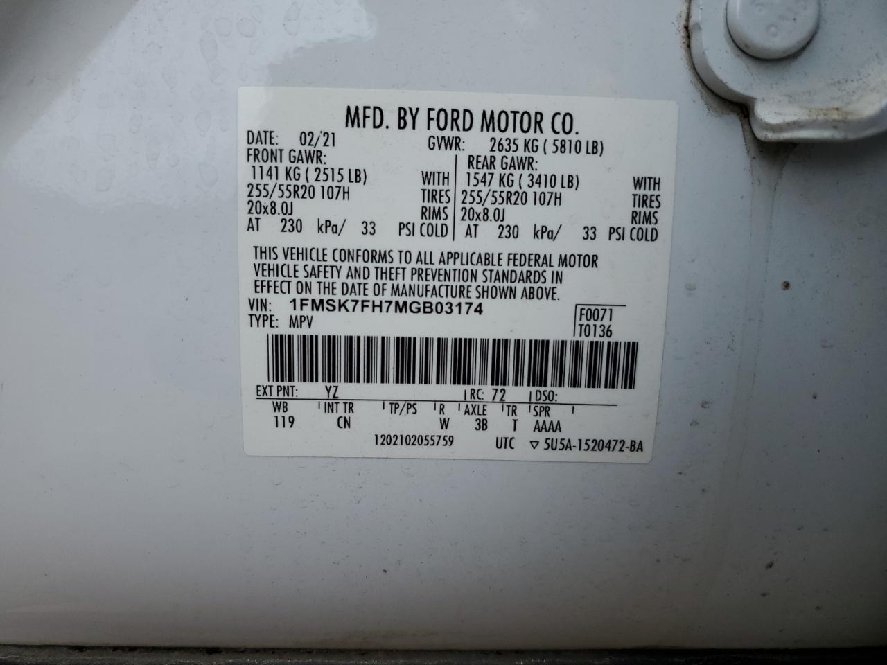 2021 Ford Explorer Limited VIN: 1FMSK7FH7MGB03174 Lot: 69957515