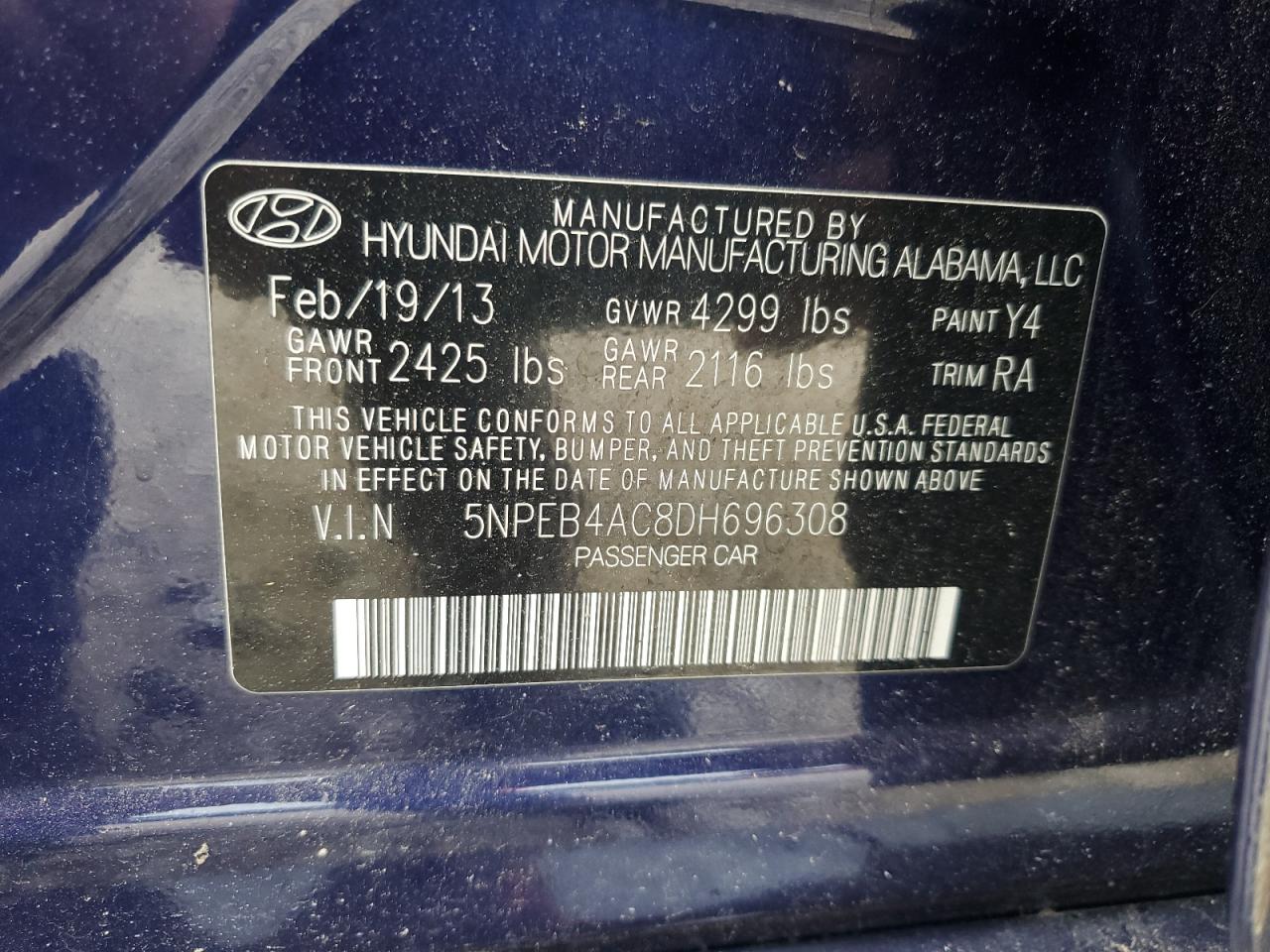 2013 Hyundai Sonata Gls VIN: 5NPEB4AC8DH696308 Lot: 68484535