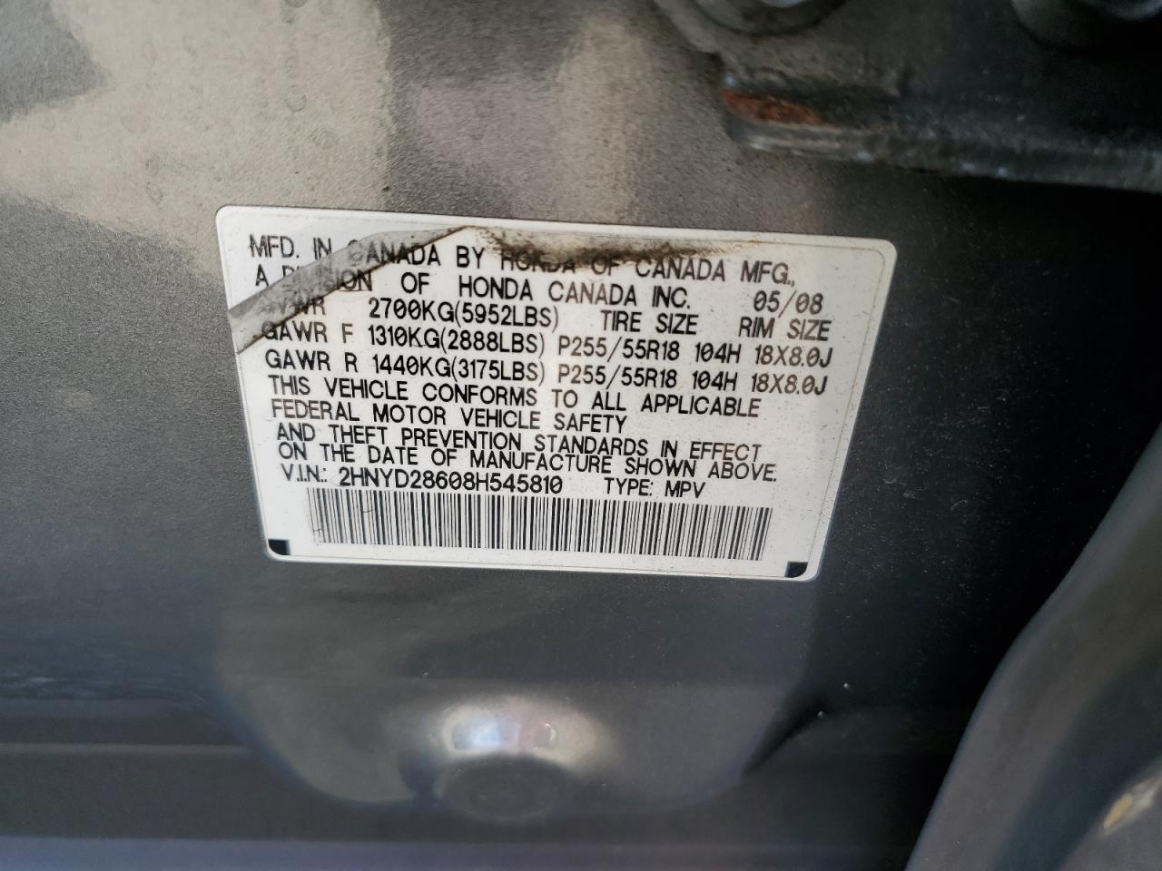 2008 Acura Mdx Technology VIN: 2HNYD28608H545810 Lot: 70540105