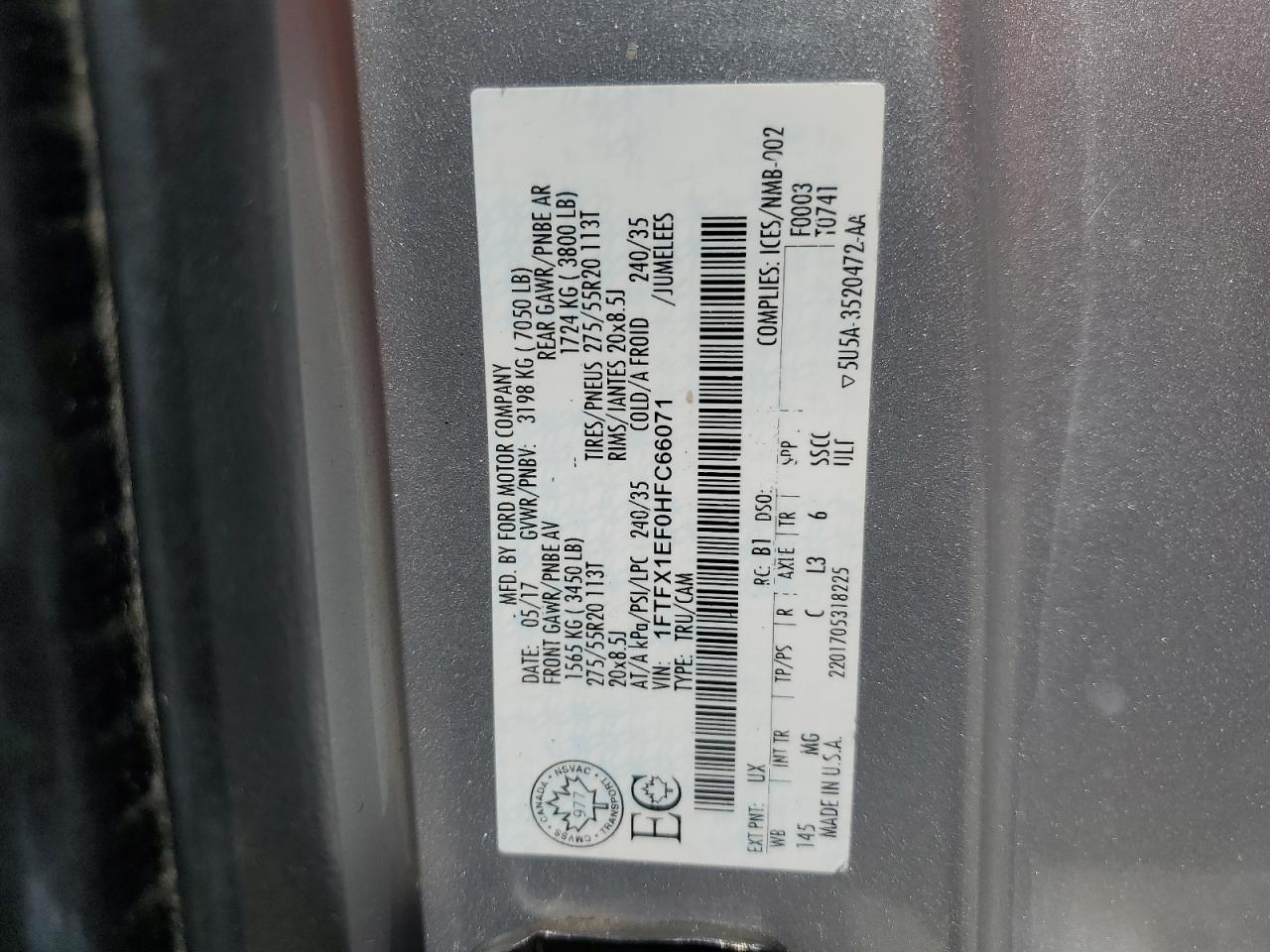 2017 Ford F150 Super Cab VIN: 1FTFX1EF0HFC66071 Lot: 68196685