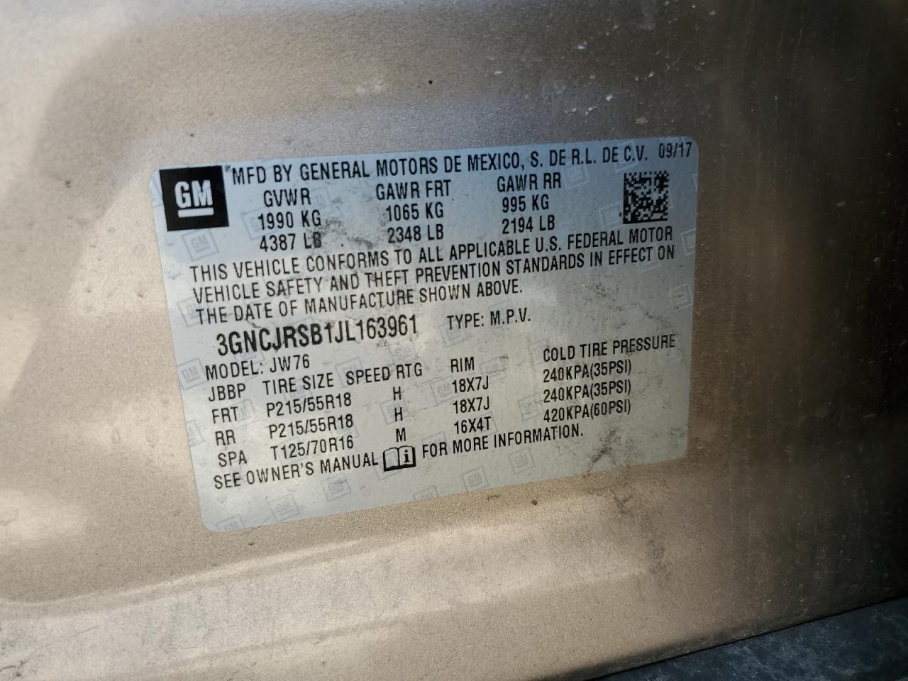 2018 Chevrolet Trax Premier VIN: 3GNCJRSB1JL163961 Lot: 70382835