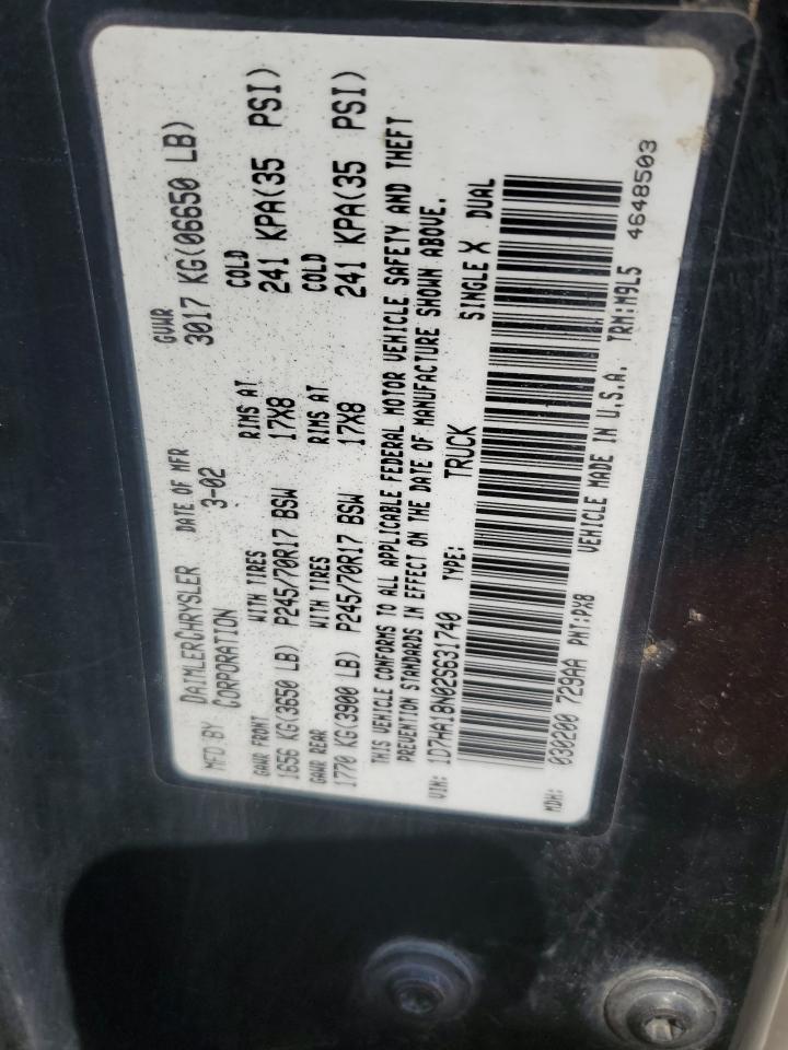 2002 Dodge Ram 1500 VIN: 1D7HA18N02S631740 Lot: 68253995