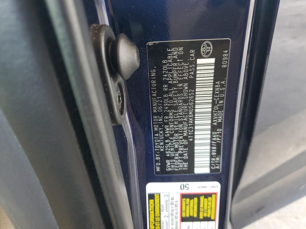 2021 Toyota Camry Le VIN: 4T1C31AK6MU562652 Lot: 69326545