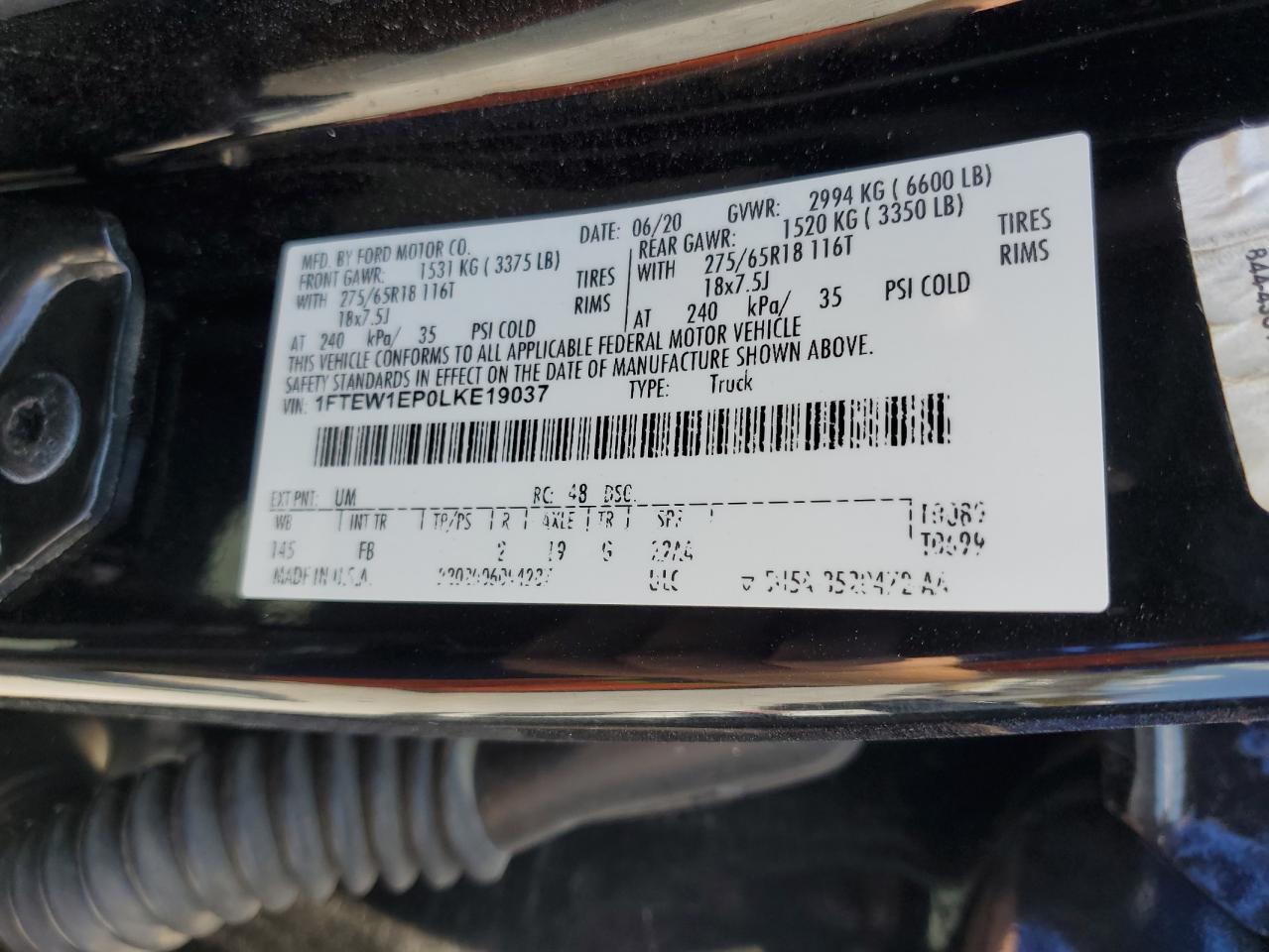 2020 Ford F150 Supercrew VIN: 1FTEW1EP0LKE19037 Lot: 68307975