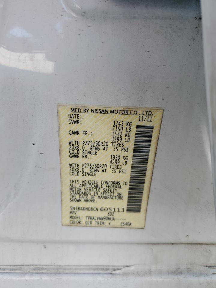 2012 Nissan Armada Sv VIN: 5N1BA0ND6CN605113 Lot: 69125635