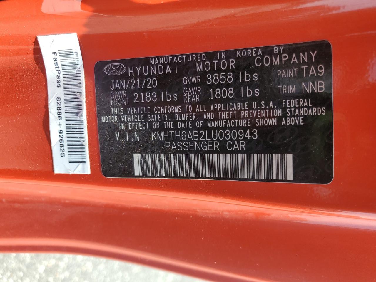 2020 Hyundai Veloster Turbo VIN: KMHTH6AB2LU030943 Lot: 70185085