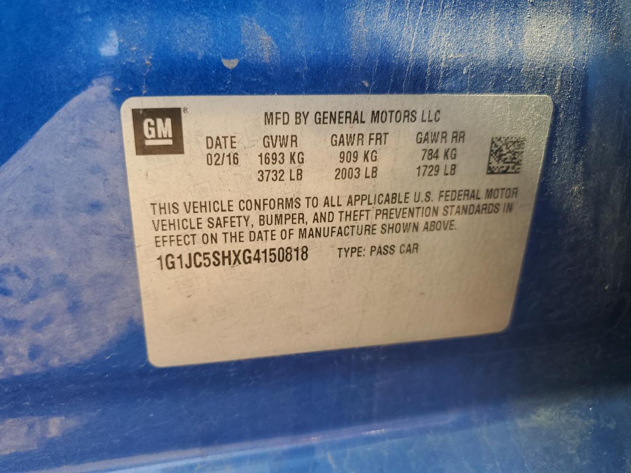 2016 Chevrolet Sonic Lt VIN: 1G1JC5SHXG4150818 Lot: 67738055