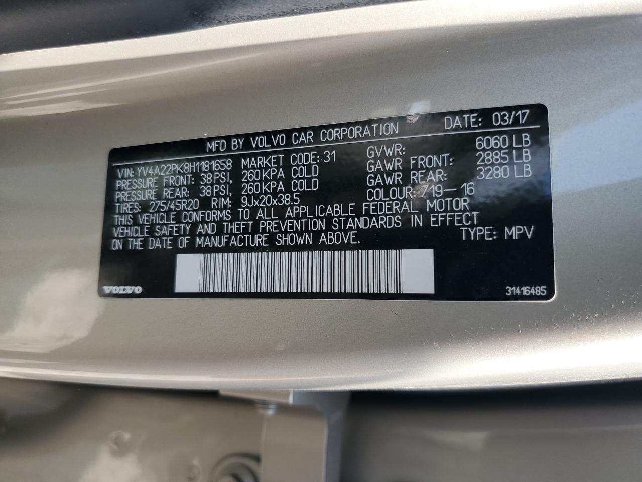 2017 Volvo Xc90 T6 VIN: YV4A22PK8H1181658 Lot: 67588315