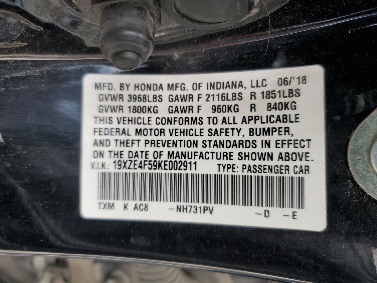 2019 Honda Insight Ex VIN: 19XZE4F59KE002911 Lot: 67384755