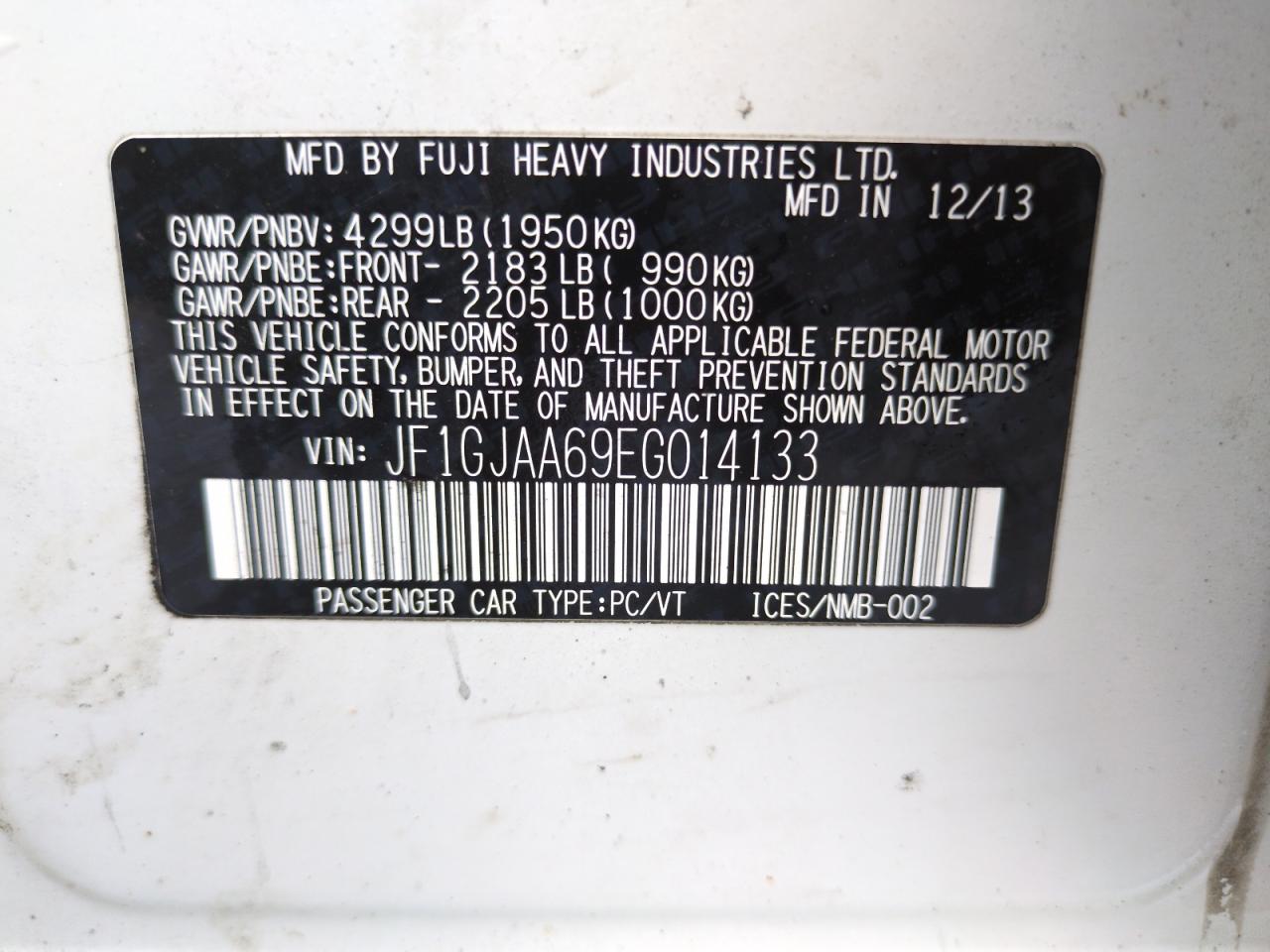 2014 Subaru Impreza VIN: JF1GJAA69EG014133 Lot: 66546895