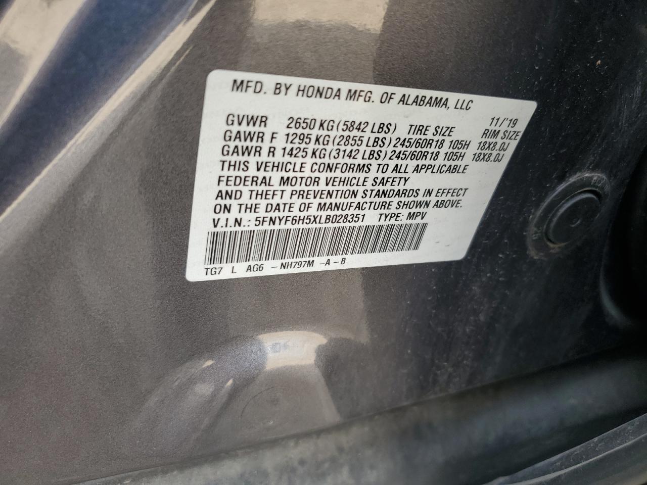 2020 Honda Pilot Exl VIN: 5FNYF6H5XLB028351 Lot: 68930775