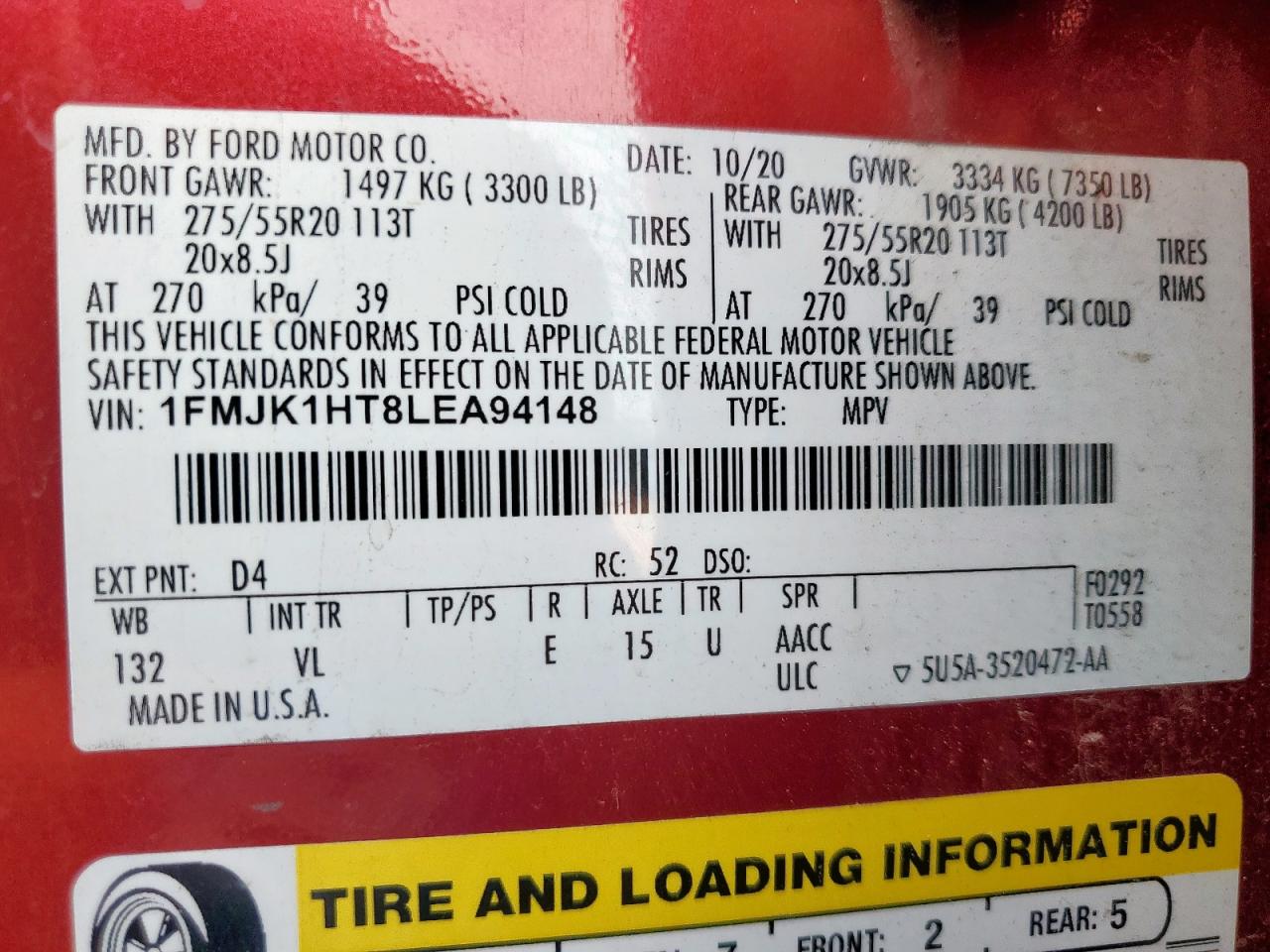 2020 Ford Expedition Max Xlt VIN: 1FMJK1HT8LEA94148 Lot: 70441785