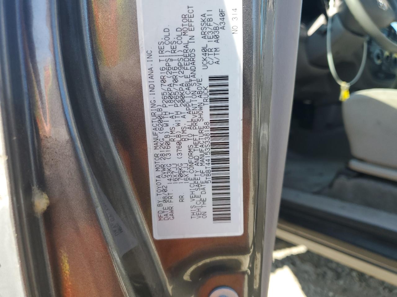 2003 Toyota Tundra Access Cab Sr5 VIN: 5TBBT44153S338188 Lot: 67982195