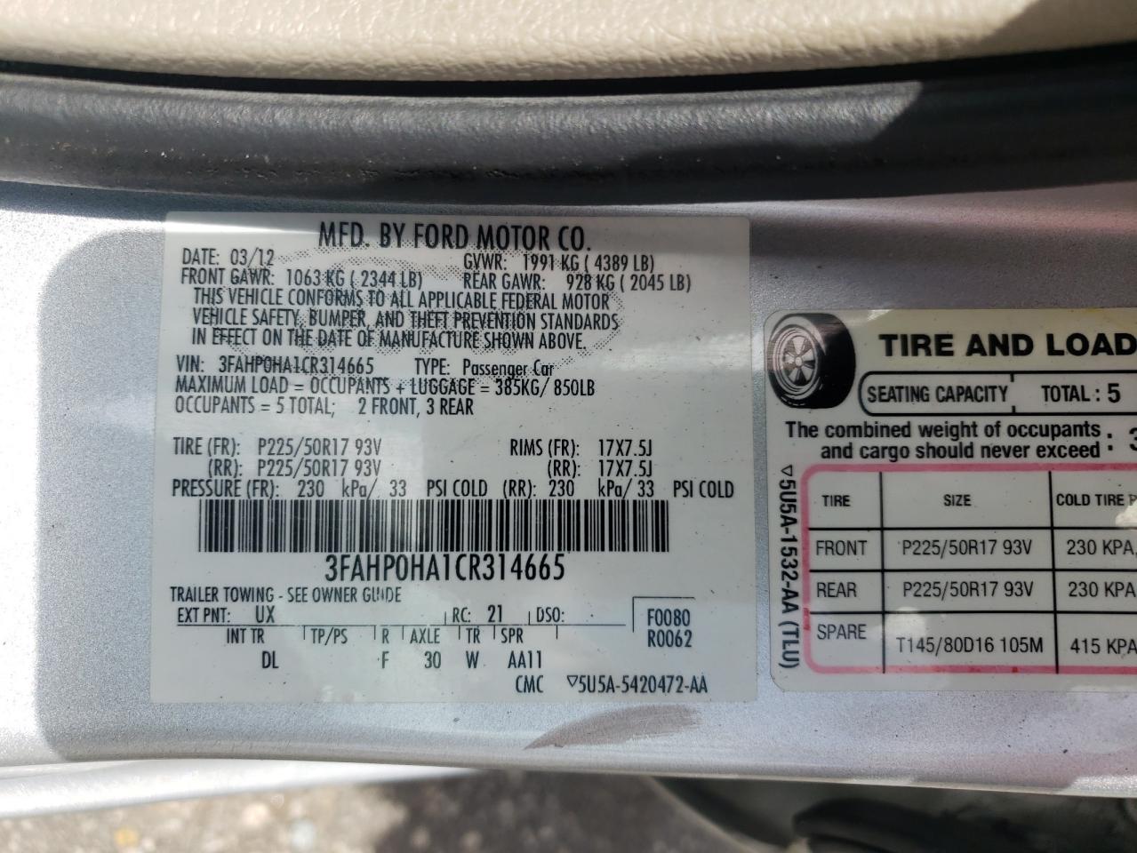 2012 Ford Fusion Se VIN: 3FAHP0HA1CR314665 Lot: 69949125