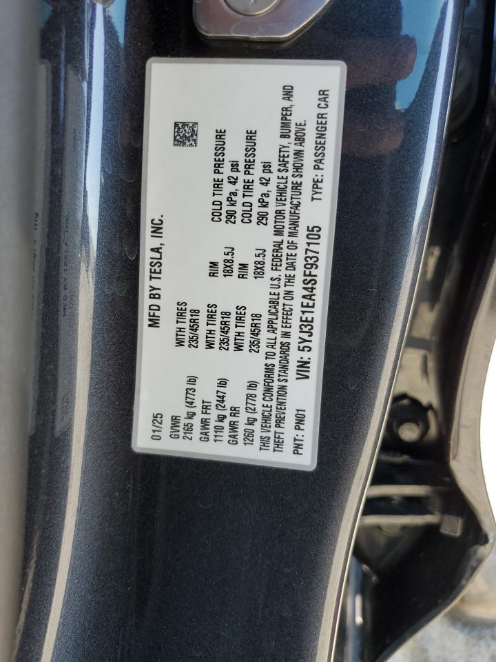 2025 Tesla Model 3 VIN: 5YJ3E1EA4SF937105 Lot: 70728305