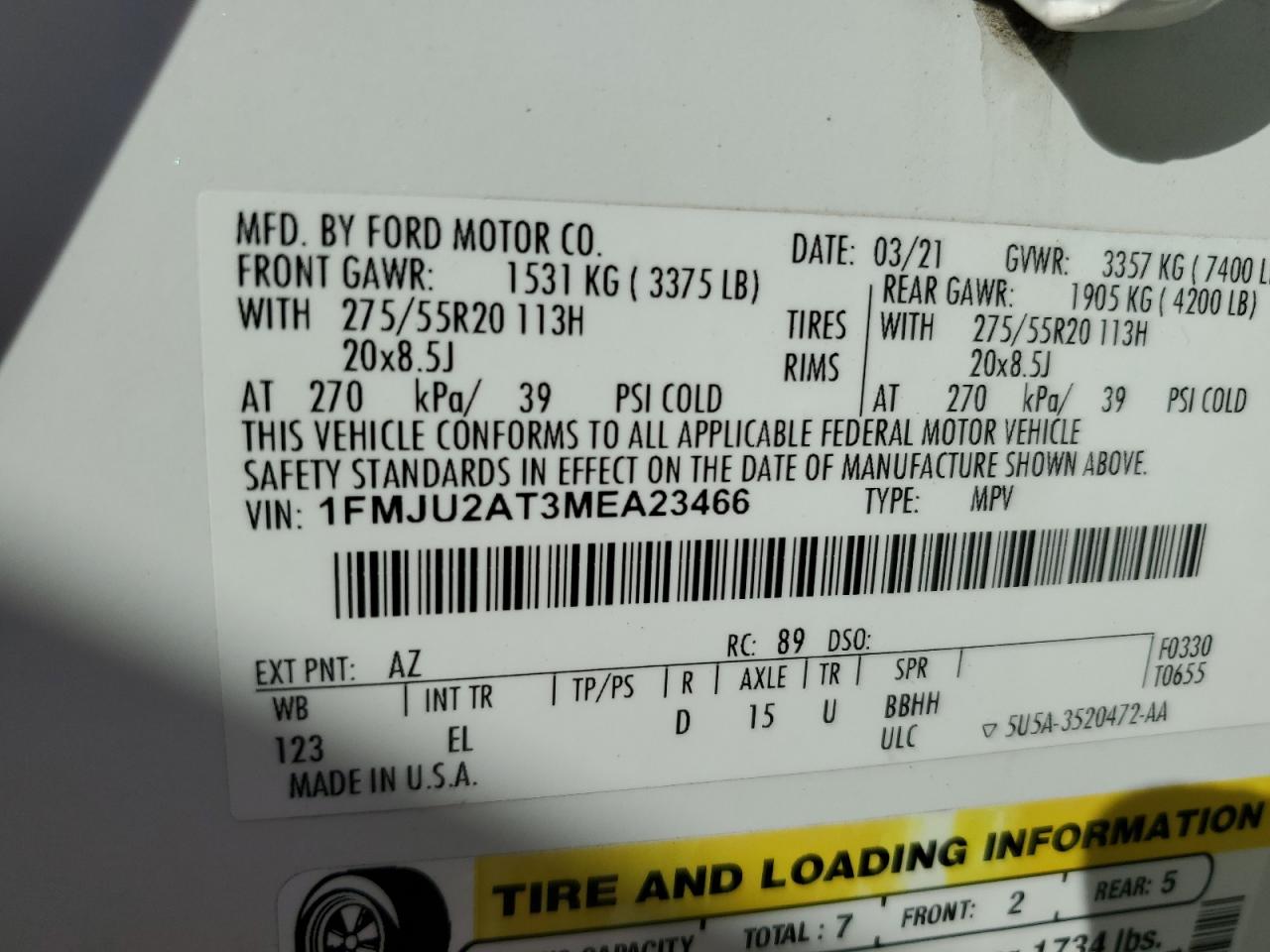 2021 Ford Expedition Limited VIN: 1FMJU2AT3MEA23466 Lot: 70310585